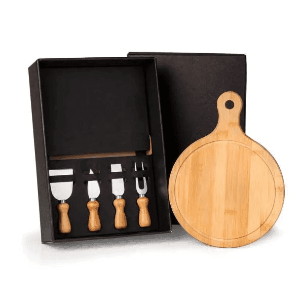 Kit Para Queijo Em Bambu E Inox Com Tábua Redonda 5 Pçs KT-90100
