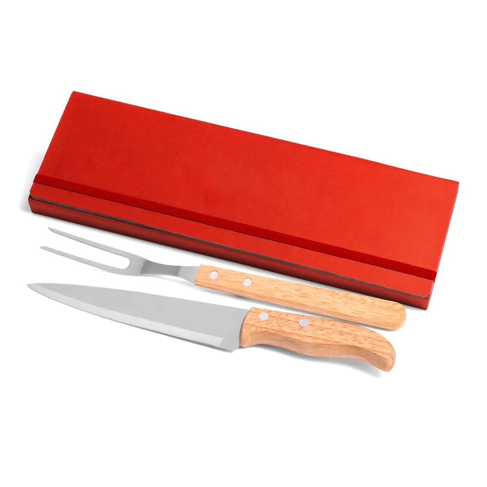 Conj. De Garfo E Faca Inox / Bambu Com Estojo Vermelho - 3 Pçs PB-34063